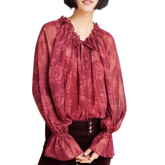 STEELE Anthropologie Laurelyn Sheer Floral Tie Neck Boho Blouse Burgundy Large - Picture 1 of 8